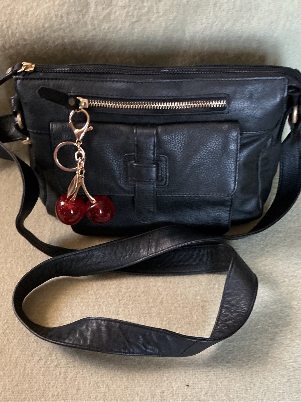 Black Leather Crossbody Bag with Cherry Charm